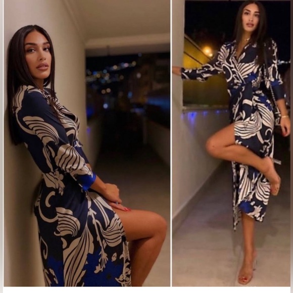 Zara Print Collard Wrap Dress Medium - Picture 7 of 8